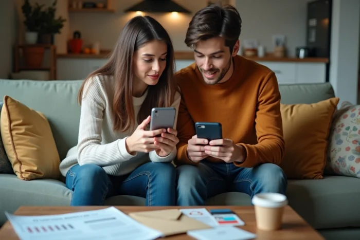 Deux étudiants colocataires comparant leurs simulations d'APL sur smartphone