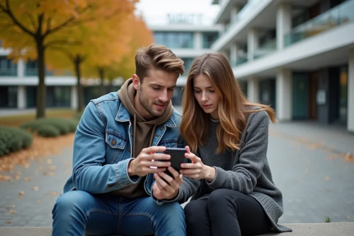 Deux étudiants consultant leur messagerie académique sur smartphone dans la cour d'un campus universitaire à Lyon en automne