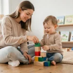Mère et enfant en bas âge jouant ensemble avec des cubes en bois colorés sur un plancher en bois dans un salon chaleureux et épuré