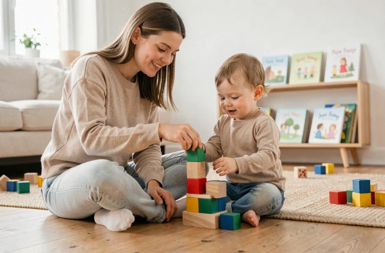 Mère et enfant en bas âge jouant ensemble avec des cubes en bois colorés sur un plancher en bois dans un salon chaleureux et épuré