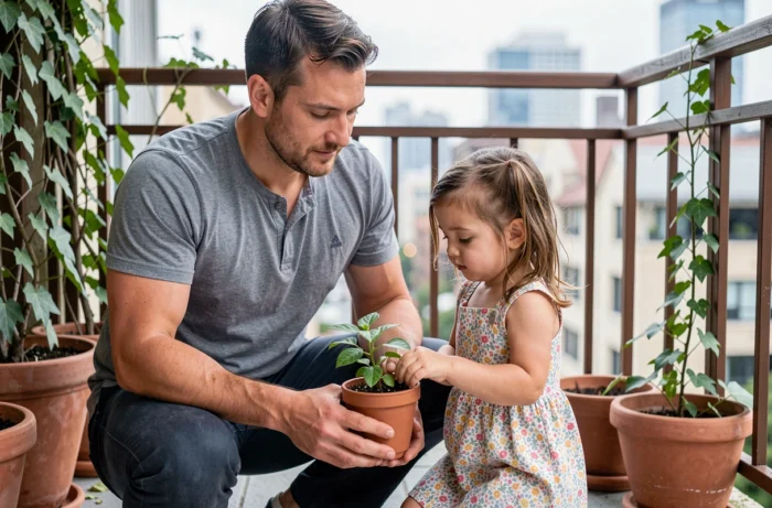 Père et petite fille observant une plante en pot sur un balcon urbain, moment d'éveil à la nature et de partage en famille