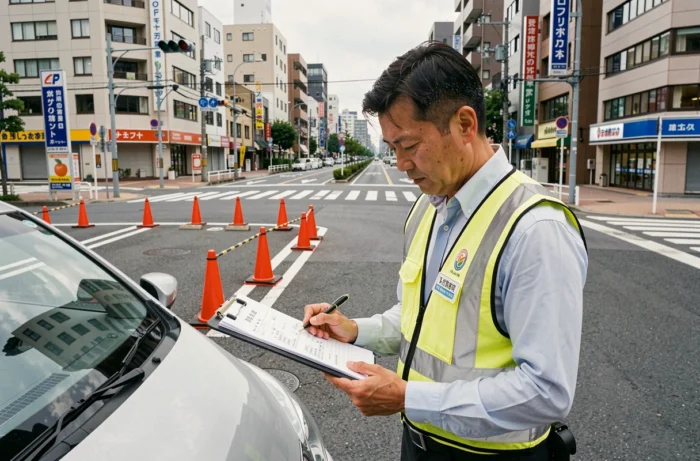 Examinateur officiel du permis de conduire japonais évaluant un test de stationnement en ville, représentant l'un des examens de conduite les plus stricts au monde