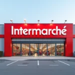 Façade extérieure d'un supermarché Intermarché avec enseigne rouge et blanche en 2024, parking en premier plan