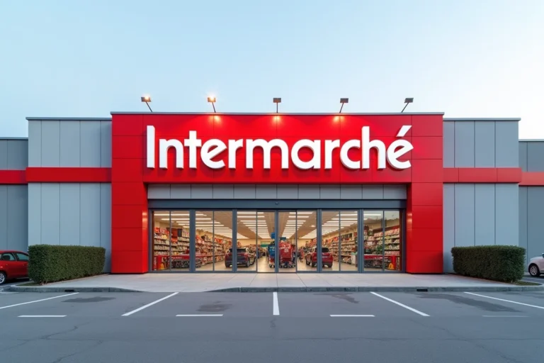 Façade extérieure d'un supermarché Intermarché avec enseigne rouge et blanche en 2024, parking en premier plan