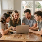 Famille connectée autour d'une tablette et d'un ordinateur portable à la maison, parents et adolescents explorant des activités numériques ensemble