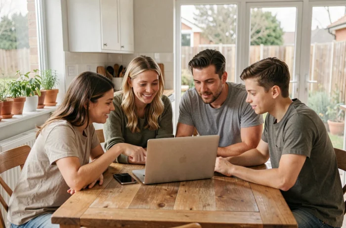 Famille connectée autour d'une tablette et d'un ordinateur portable à la maison, parents et adolescents explorant des activités numériques ensemble