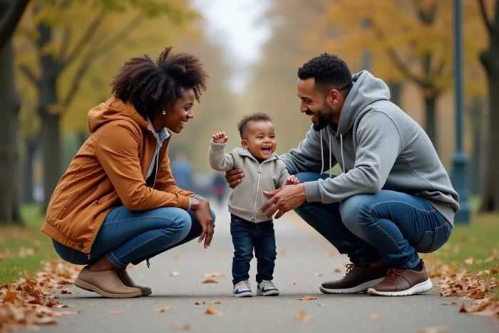 Famille heureuse dans un parc urbain, parents souriants accroupis auprès de leur enfant qui rit, scène naturelle de complicité et d'épanouissement familial