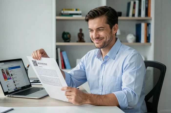 Homme souriant tenant une fausse annonce d'emploi humoristique dans un bureau minimaliste, parodiant une bio Tinder