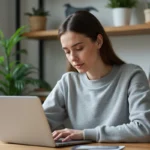 Femme parcourant les actualités web sur un ordinateur portable dans un bureau moderne à domicile