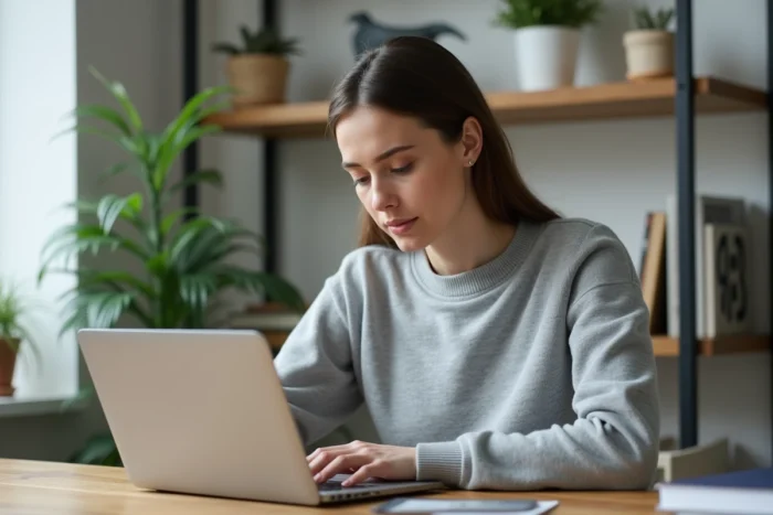Femme parcourant les actualités web sur un ordinateur portable dans un bureau moderne à domicile