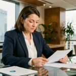 Femme d'affaires professionnelle analysant des documents stratégiques dans un bureau moderne pour accompagner la croissance de son entreprise