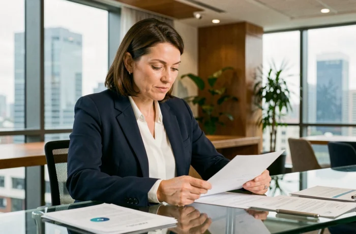 Femme d'affaires professionnelle analysant des documents stratégiques dans un bureau moderne pour accompagner la croissance de son entreprise