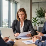 Femme d'affaires analysant des rapports de performance dans un bureau moderne avec son équipe pour piloter la stratégie d'entreprise
