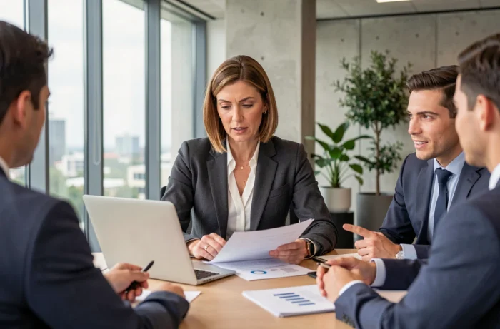 Femme d'affaires analysant des rapports de performance dans un bureau moderne avec son équipe pour piloter la stratégie d'entreprise