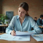 Jeune femme analysant ses fiches de salaire et son budget mensuel dans un bureau moderne, illustrant le choix de carrière avec un salaire de 1800 euros net