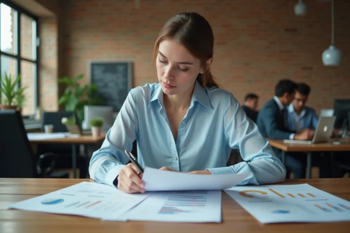 Jeune femme analysant ses fiches de salaire et son budget mensuel dans un bureau moderne, illustrant le choix de carrière avec un salaire de 1800 euros net