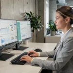 Femme entrepreneur analysant des tableaux de bord de web marketing sur deux écrans dans un bureau moderne