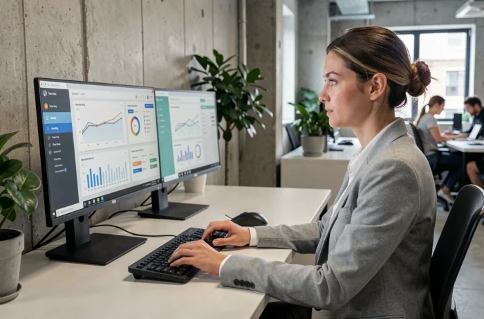 Femme entrepreneur analysant des tableaux de bord de web marketing sur deux écrans dans un bureau moderne