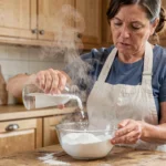 Femme versant du bicarbonate de soude dans un bol en verre pour créer une réaction fumante, cuisine en bois rustique