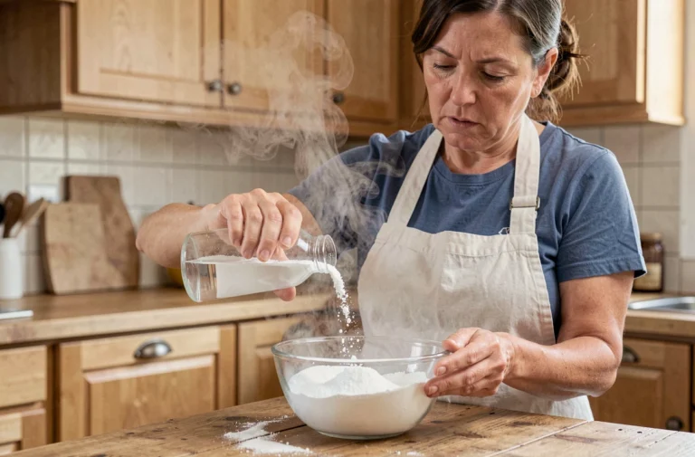 Femme versant du bicarbonate de soude dans un bol en verre pour créer une réaction fumante, cuisine en bois rustique