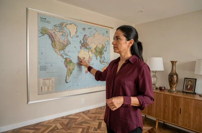Femme élégante devant une carte du monde illustrant la curiosité pour les origines géographiques et culturelles de la famille