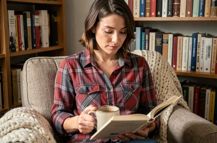 Femme portant une chemise en flanelle coton à carreaux dans un coin lecture cosy, illustrant le confort et la praticité du tissu