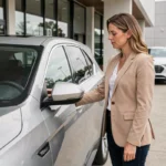 Femme en train d'examiner une voiture SUV moderne dans un showroom automobile, conseils pour bien choisir son véhicule