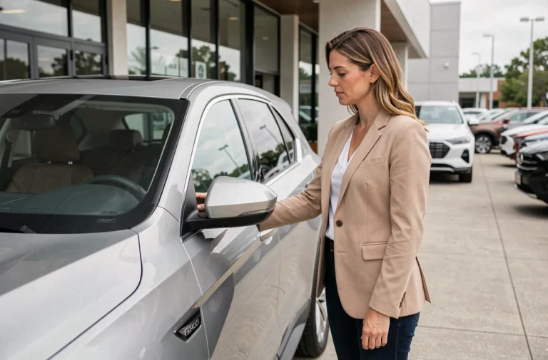 Femme en train d'examiner une voiture SUV moderne dans un showroom automobile, conseils pour bien choisir son véhicule