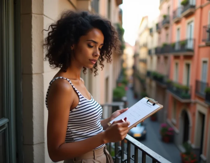 Jeune femme consultant une liste de tâches partagées sur le balcon d'un appartement à Barcelone dans le quartier de l'Eixample