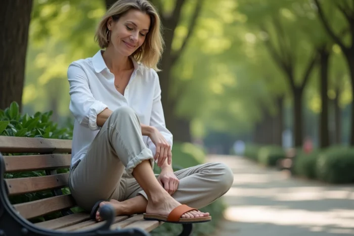 Femme assayée dans un parc urbain comparant une sandale Birkenstock et une chaussure Scholl portées aux pieds