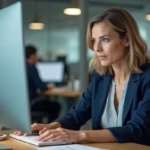 Femme professionnelle configurant son webmail sur un ordinateur de bureau dans un open space moderne