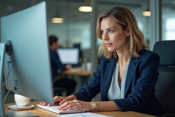 Femme professionnelle configurant son webmail sur un ordinateur de bureau dans un open space moderne