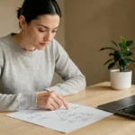 Femme consultant un diagramme de sitemap web imprimé sur papier dans un bureau moderne, illustration de la navigation structurée d'un site internet