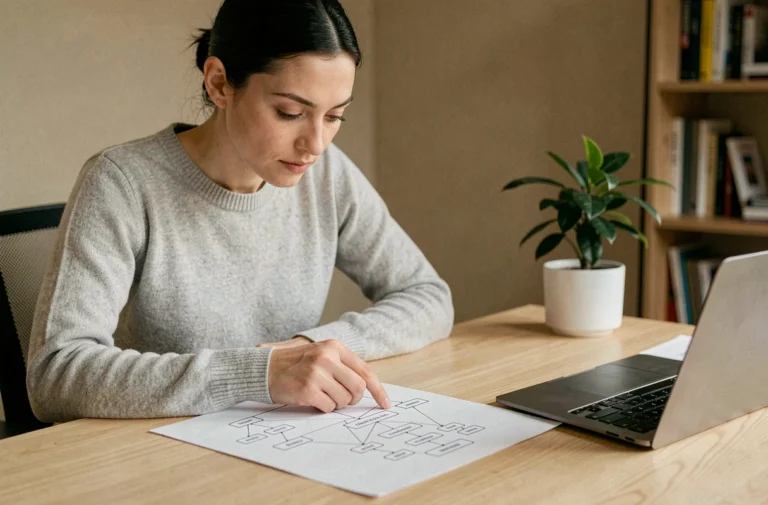 Femme consultant un diagramme de sitemap web imprimé sur papier dans un bureau moderne, illustration de la navigation structurée d'un site internet