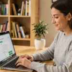 Femme consultant le plan du site Mes Rêves sur un ordinateur portable dans un bureau à domicile organisé