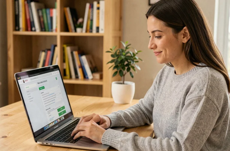Femme consultant le plan du site Mes Rêves sur un ordinateur portable dans un bureau à domicile organisé