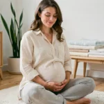 Femme enceinte sereine assise sur le sol de son salon, les mains posées sur son ventre, entourée d'une ambiance douce et cosy pour préparer l'arrivée de bébé