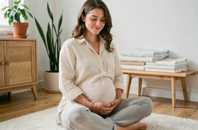 Femme enceinte sereine assise sur le sol de son salon, les mains posées sur son ventre, entourée d'une ambiance douce et cosy pour préparer l'arrivée de bébé