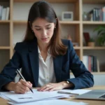 Jeune femme étudiant des documents pour le certificat LVMH à son bureau, entourée de brochures et de livres sur l'industrie du luxe