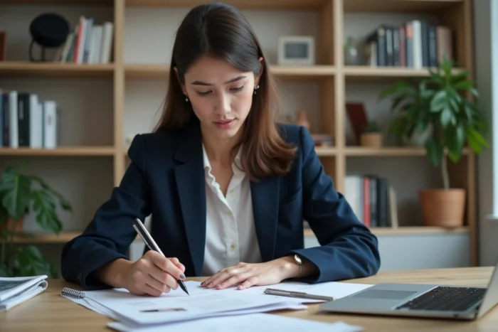 Jeune femme étudiant des documents pour le certificat LVMH à son bureau, entourée de brochures et de livres sur l'industrie du luxe