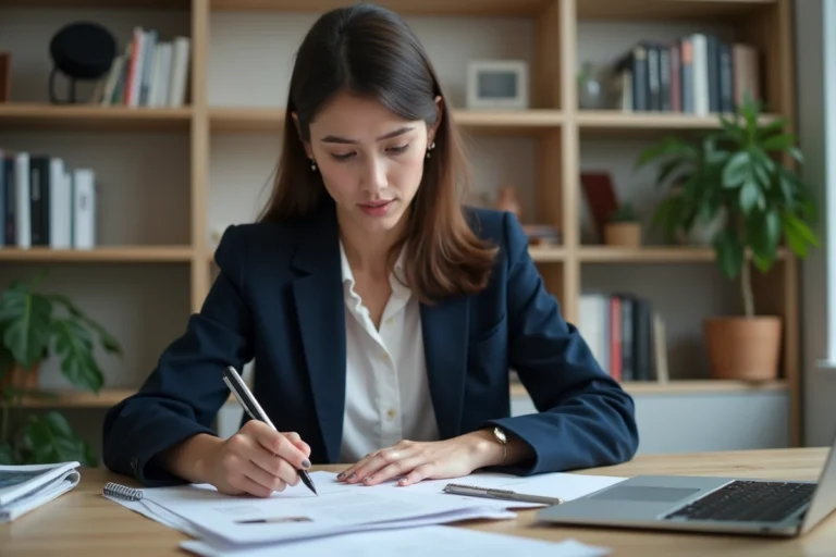 Jeune femme étudiant des documents pour le certificat LVMH à son bureau, entourée de brochures et de livres sur l'industrie du luxe