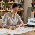 Femme consultant des plans de rénovation sur un bureau en bois avec un ordinateur portable affichant un outil de gestion de projet maison