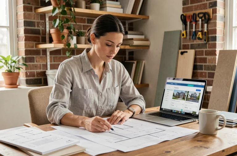 Femme consultant des plans de rénovation sur un bureau en bois avec un ordinateur portable affichant un outil de gestion de projet maison