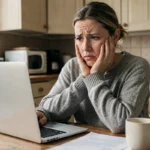 Femme inquiète consultant son compte bancaire en ligne sur un ordinateur portable après avoir découvert un virement inconnu