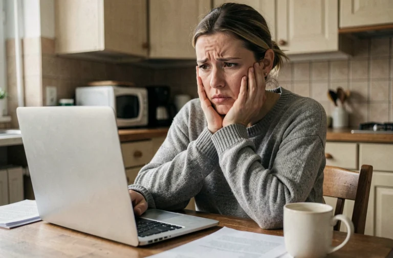 Femme inquiète consultant son compte bancaire en ligne sur un ordinateur portable après avoir découvert un virement inconnu