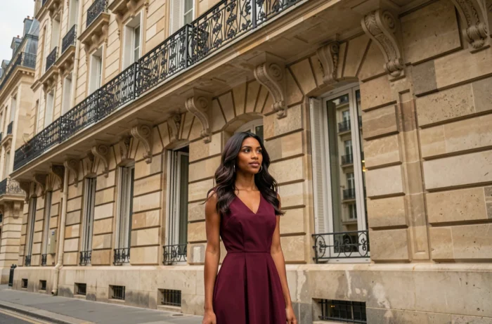 Femme d'origine franco-maghrébine élégante devant une façade haussmannienne parisienne, robe bordeaux, cheveux ondulés