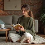 Femme détendue lisant un livre dans un salon chaleureux aux murs en briques apparentes, entourée de plantes et d'une atmosphère cosy au quotidien