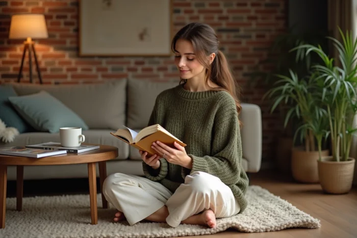 Femme détendue lisant un livre dans un salon chaleureux aux murs en briques apparentes, entourée de plantes et d'une atmosphère cosy au quotidien