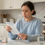 Femme lisant la notice d'un médicament comme le Doliprane ou l'Aerius dans une cuisine moderne