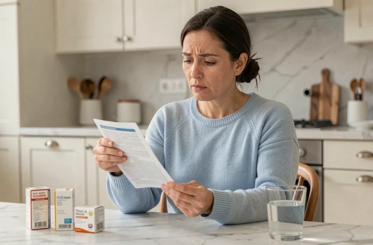 Femme lisant la notice d'un médicament comme le Doliprane ou l'Aerius dans une cuisine moderne